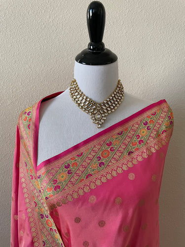 Banarasi Katan Silk Saree with Meenakari border | Pink | Handwoven | Silk Mark | Ships from California